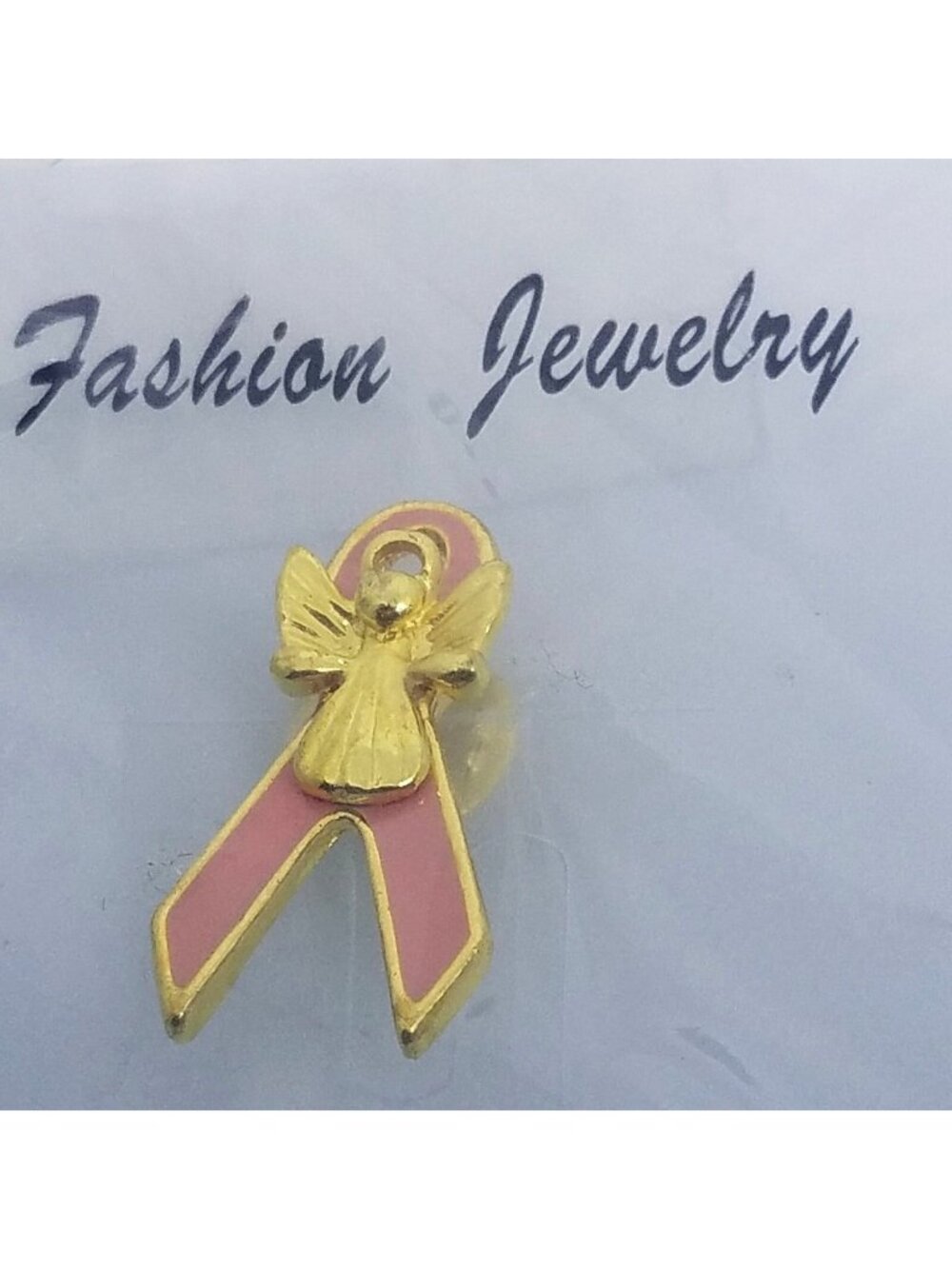 Lapel Pin Pink Ribbon Breast Cancer Set of 5 Pink Gold Trim Gold Color Angel 1"